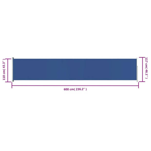 The Living Store Zijscherm - Polyester - Blauw - 117 x (0 - 600) cm - Automatische terugrolfunctie