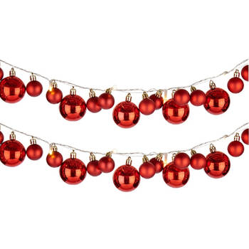 2x stuks verlichte kerst guirlandes/slingers met 93 LED kerstballen rood - Guirlandes