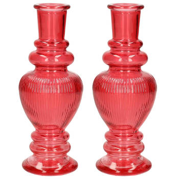 Kaarsen kandelaar Venice - 2x - gekleurd glas - ribbel rood - D5,7 x H15 cm - kaars kandelaars