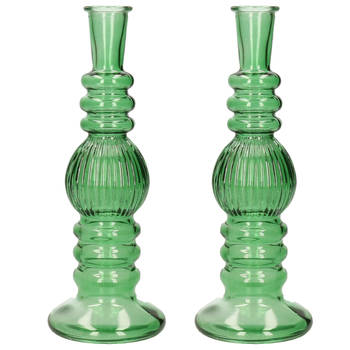 Kaarsen kandelaar Florence - 2x - groen glas - ribbel - D8,5 x H23 cm - kaars kandelaars