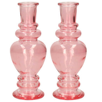 Kaarsen kandelaar Venice - 2x - gekleurd glas - helder roze - D5,7 x H15 cm - kaars kandelaars