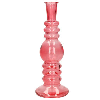 Kaarsen kandelaar Florence - koraal rood glas - ribbel - D8,5 x H23 cm - kaars kandelaars