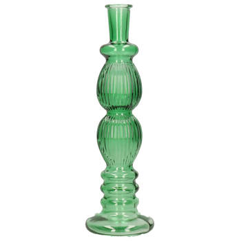 Kaarsen kandelaar Florence - groen glas - ribbel - D9 x H28 cm - kaars kandelaars