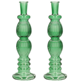 Kaarsen kandelaar Florence - 2x - groen glas - ribbel - D9 x H28 cm - kaars kandelaars