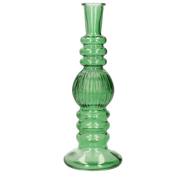 Kaarsen kandelaar Florence - groen glas - ribbel - D8,5 x H23 cm - kaars kandelaars
