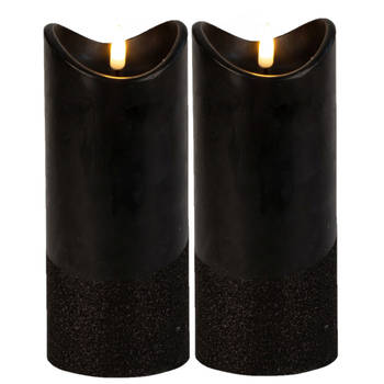 Led wax stompkaarsen- 2x - zwart - H17,5 x D7,5 cm - warm wit licht - LED kaarsen