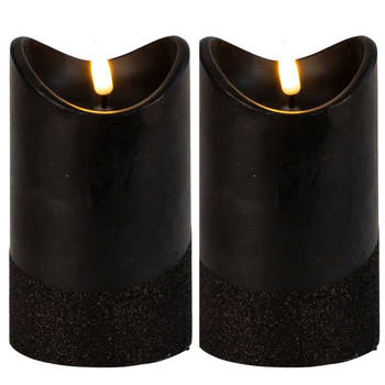 Led wax stompkaarsen - 2x - zwart - H12,5 x D7,5 cm - warm wit licht - LED kaarsen