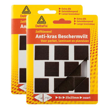 Deltafix Anti-krasvilt - 16x - zwart - 25 x 25 mm - vierkant - zelfklevend - meubel beschermvilt - Meubelviltjes
