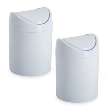 Plasticforte mini prullenbakje - 2x - wit - kunststof - klepdeksel - keuken/aanrecht - 12 x 17 cm - Prullenbakken