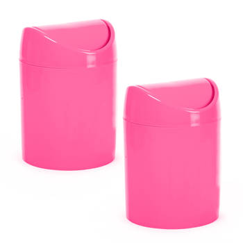 Plasticforte mini prullenbakje - 2x - fuchsia roze - kunststof - keuken/aanrecht - 12 x 17 cm - Prullenbakken