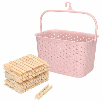 Wasknijpers mandje met ophanghaak - roze - gevuld met 100x houten wasknijpers van 7 cm - knijperszakken
