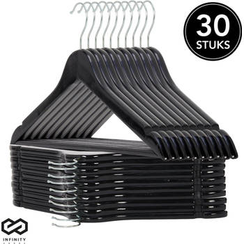 Infinity Goods 30 Houten Kledinghangers Zwart - Kleerhanger - Inkeping en Broeklat - Metalen Haak - Volwassenen - 30