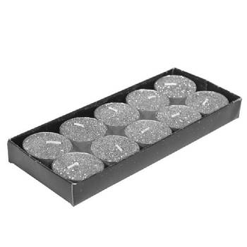 Gerim waxinelichtjes kaarsjes- 10x - zilver glitters 3,5 cm - Waxinelichtjes