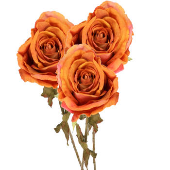 Top Art Kunstbloem roos Calista - 3x - oranje - 66 cm - kunststof steel - decoratie bloemen - Kunstbloemen