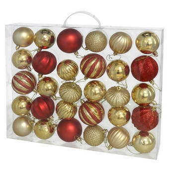 Gerimport Kerstballen - 54ST - gedecoreerd - kunststof - goud/rood - Kerstbal