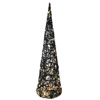 Gerimport Verlicht kerstfiguur - kegel/piramide kerstboom - zwart - rotan - H80 cm - kerstverlichting figuur