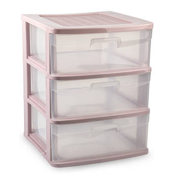 Plasticforte Ladeblokje/bureau organizer 3x lades - transparant/rozeA - L39 x B40 x H49 cm - Ladeblok