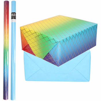 6x Rollen kraft inpakpapier regenboog pakket - blauw 200 x 70 cm - Cadeaupapier