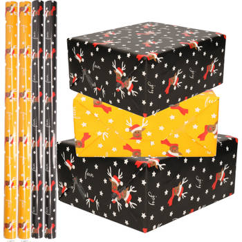 Set van 4x Rollen Kerst inpakpapier/cadeaupapier oker geel/zwart rendieren 2,5 x 0,7 meter - Cadeaupapier
