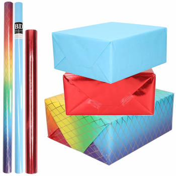 6x Rollen kraft inpakpapier regenboog pakket - regenboog/metallic rood/blauw 200 x 70/50 cm - Cadeaupapier