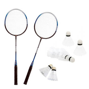 Badminton set zilver/blauw met 8x shuttles en opbergtas - Badmintonsets