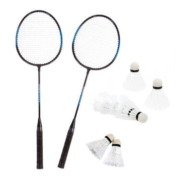 Badminton set blauw/zwart met 8x shuttles en opbergtas - Badmintonsets