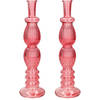 Kaarsen kandelaar Florence - 2x - koraal rood glas - ribbel - D9 x H28 cm - kaars kandelaars