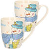 2x stuks kerstmok/wintermok sneeuwpop met blauwe muts en sjaal van poreselein 10 cm - Bekers