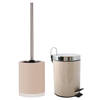 MSV Toiletborstel in houder/pedaalemmer set Napoli - /keramiekmetaal - taupe/beige - Badkameraccessoireset