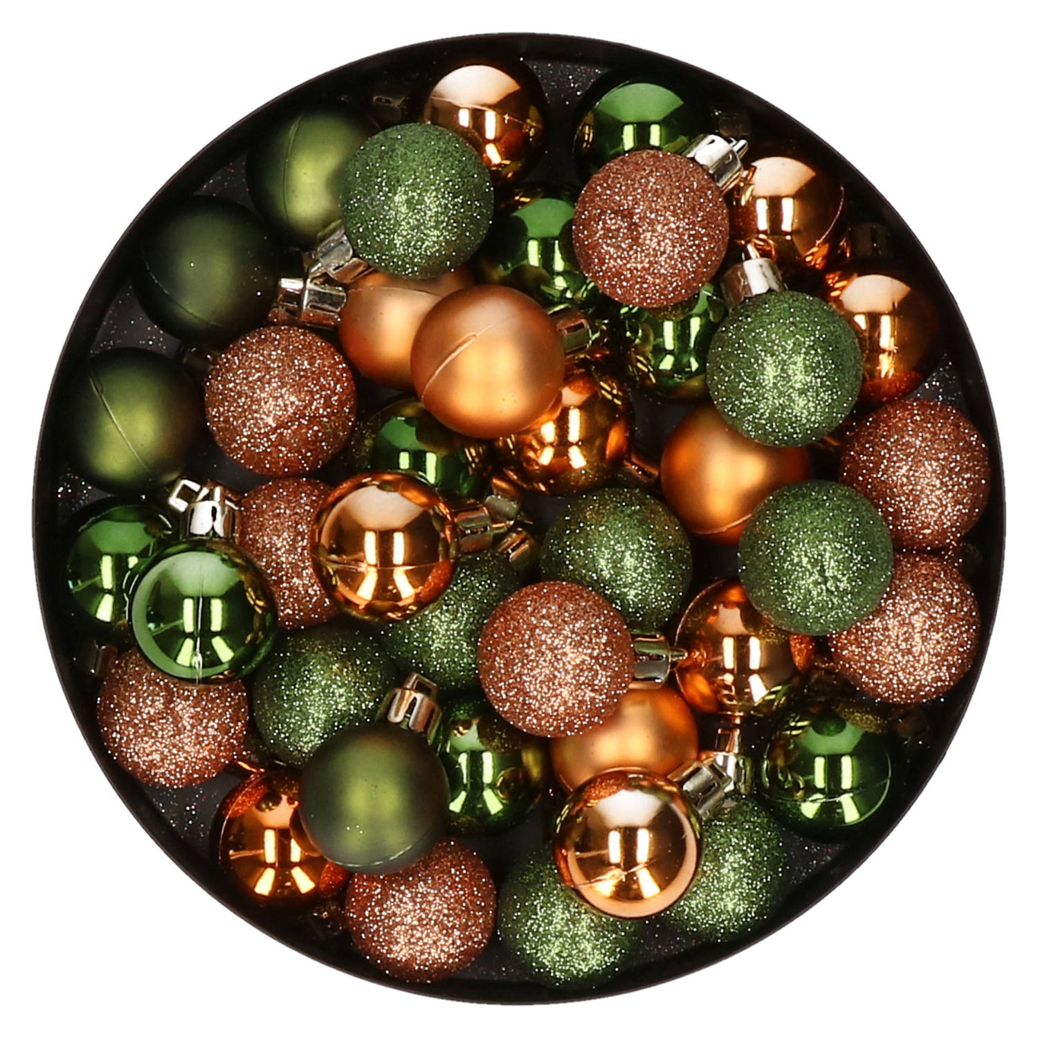 Kleine kunststof kerstballen 40x stuks 3 cm in koper en groen Kerstbal