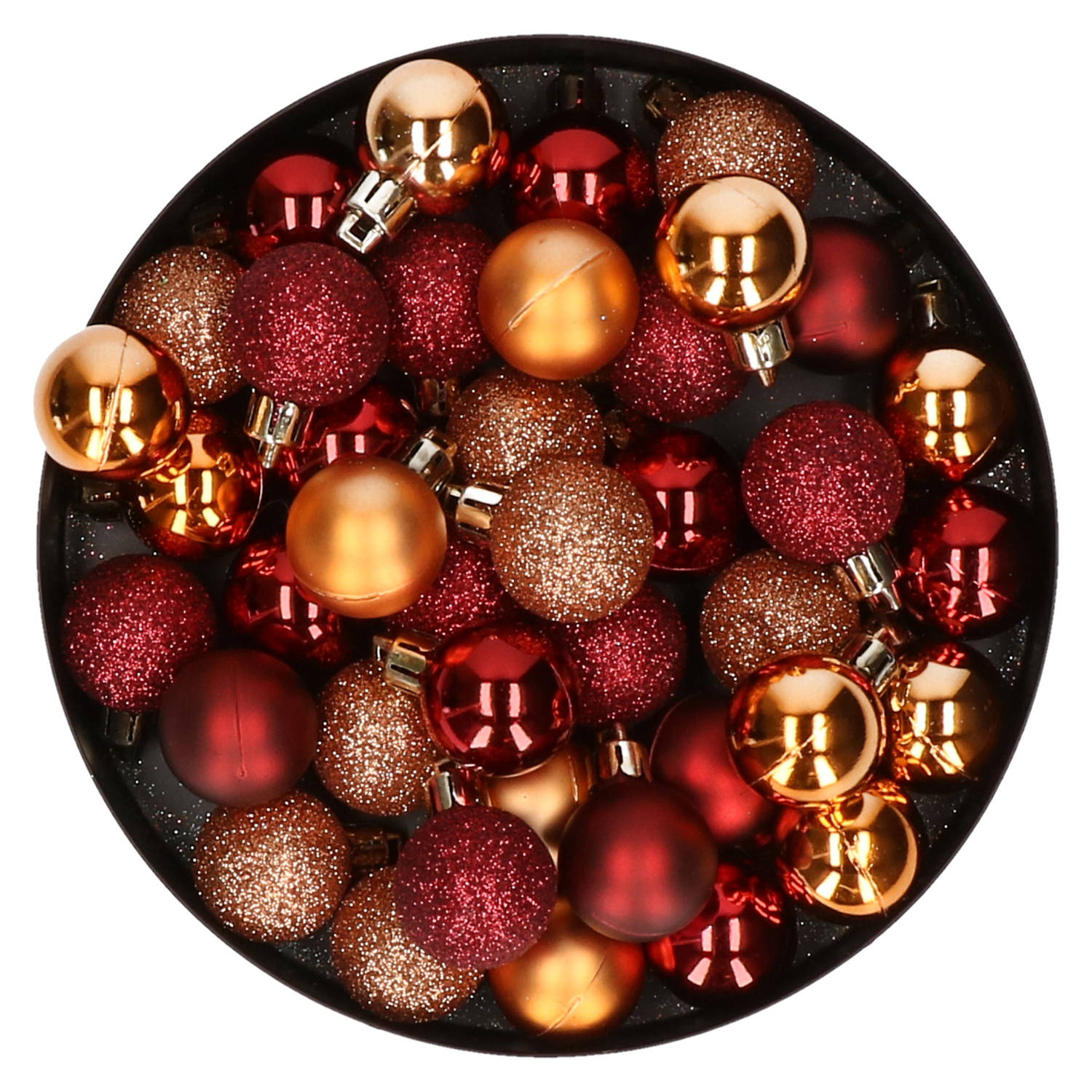 Kleine kunststof kerstversiering 40x stuks set en 3 cm kerstballen in het donkerrood en koper Kerstb