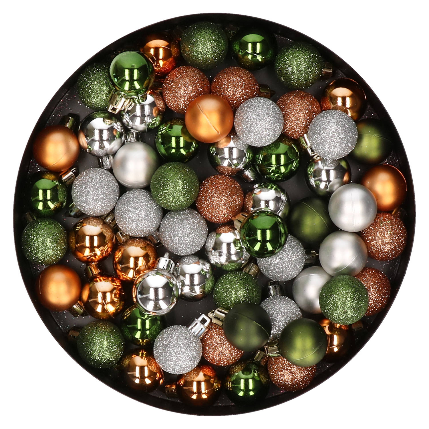 Kleine kunststof kerstballen 60x stuks 3 cm kerstballen in zilver-koper-groen Kerstbal