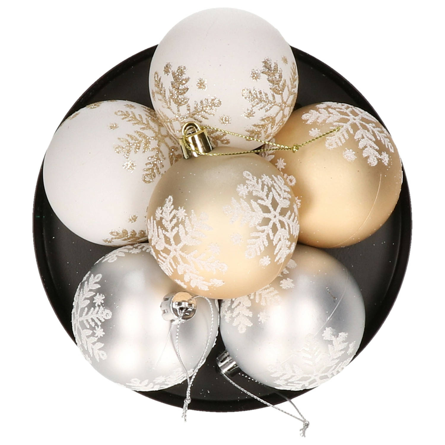Kerstballen gedecoreerd 6x st 6 cm kunststof goud-wit-zilver Kerstbal