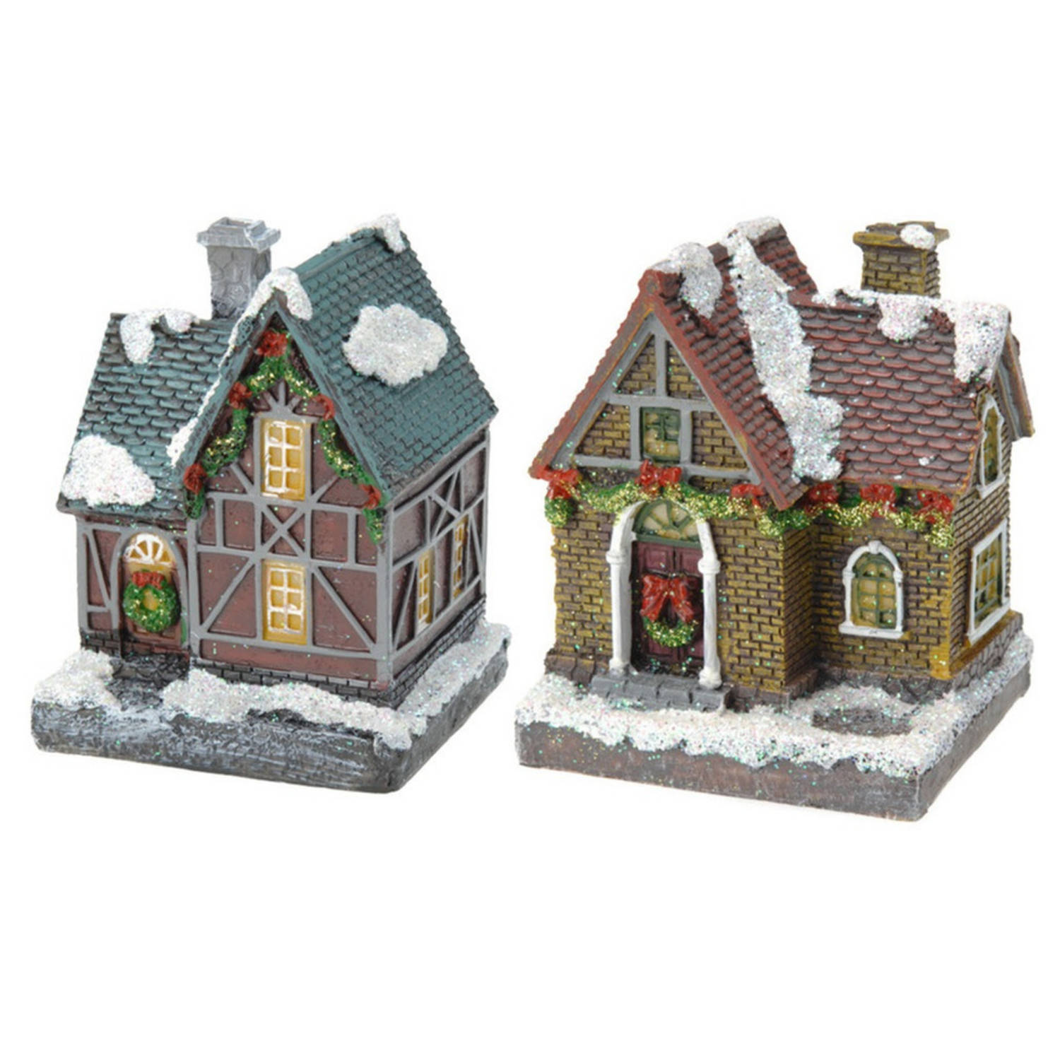 2x Kersthuisjes-kerstdorpje met gekleurde verlichting 13 cm Kerstdorpen