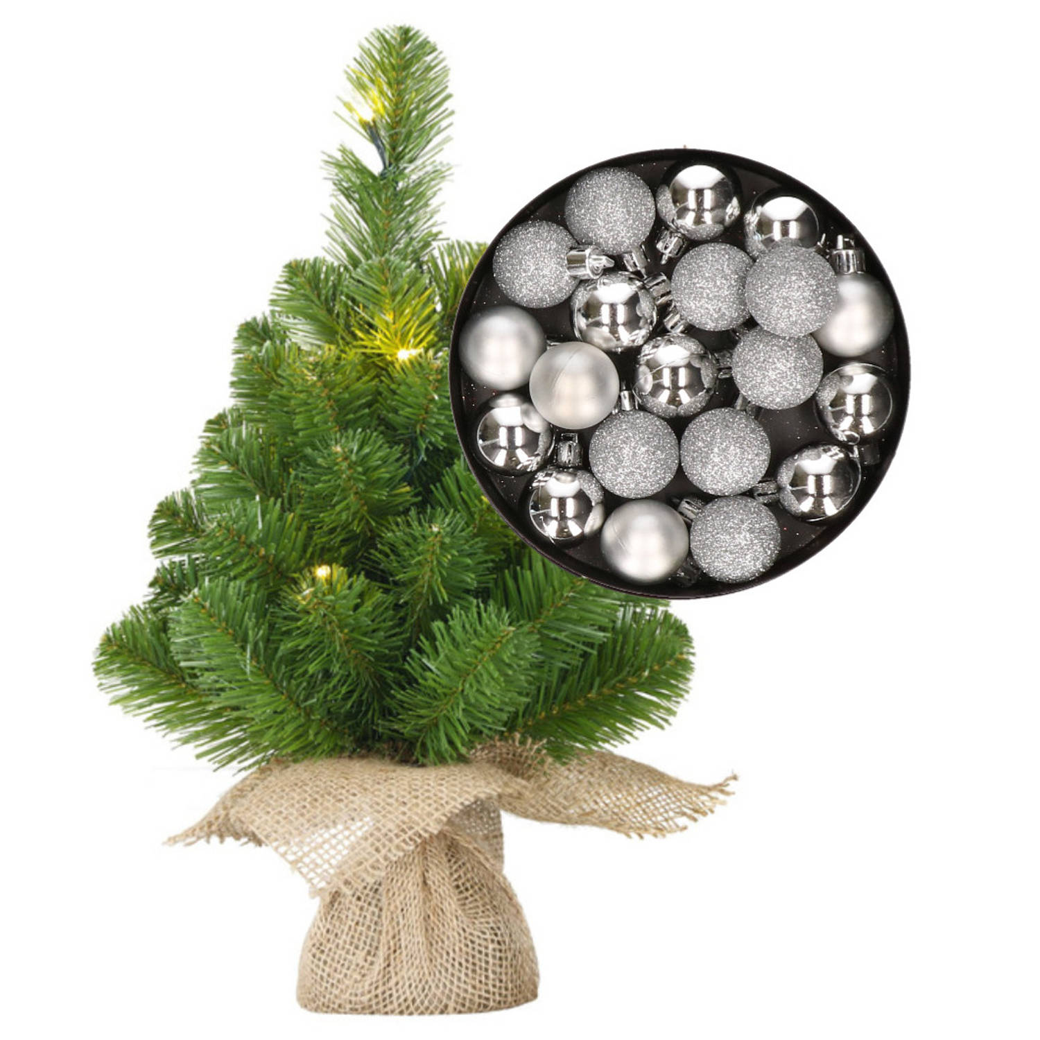 Mini kerstboom-kunstboom met verlichting 45 cm en inclusief kerstballen zilver Kunstkerstboom