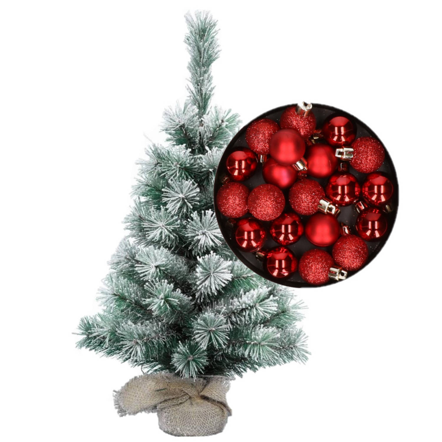 Besneeuwde mini kerstboom-kunst kerstboom 35 cm met kerstballen rood Kunstkerstboom