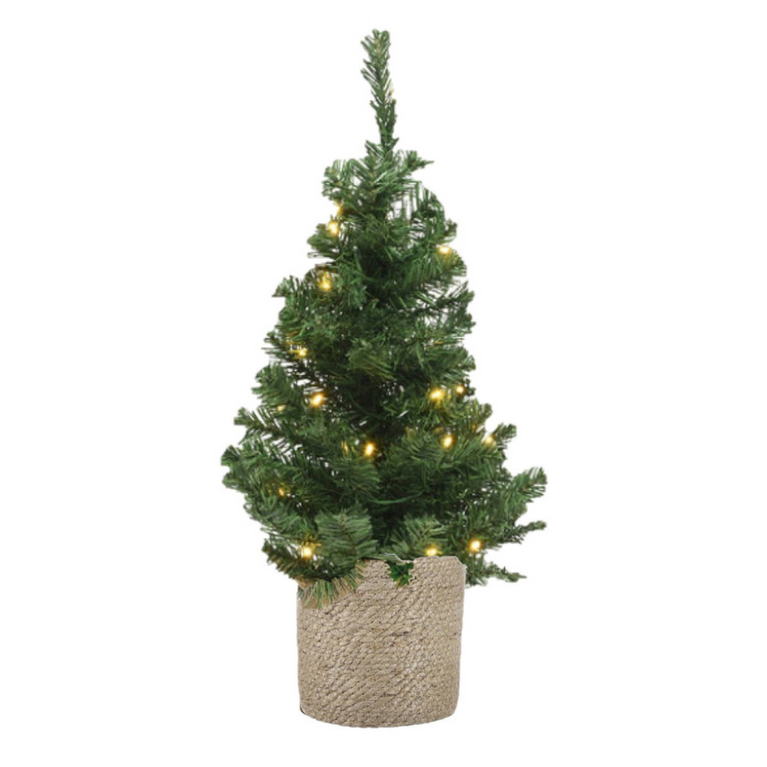 Kunstboom-kunst kerstboom groen 60 cm met verlichting en naturel jute pot Kunstkerstboom