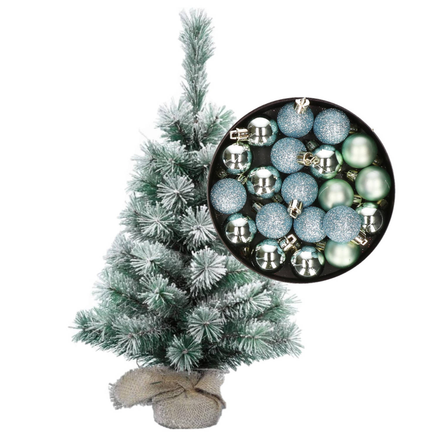 Besneeuwde mini kerstboom-kunst kerstboom 35 cm met kerstballen mintgroen Kunstkerstboom