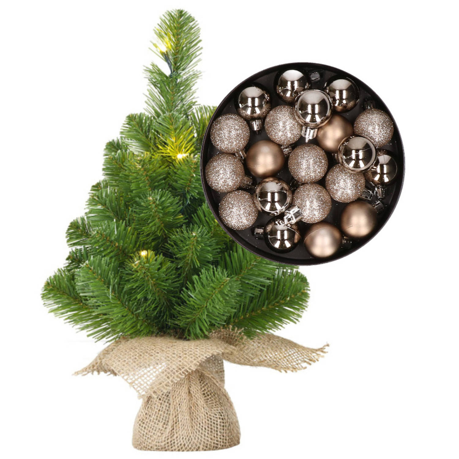 Mini kerstboom-kunstboom met verlichting 45 cm en inclusief kerstballen champagne Kunstkerstboom