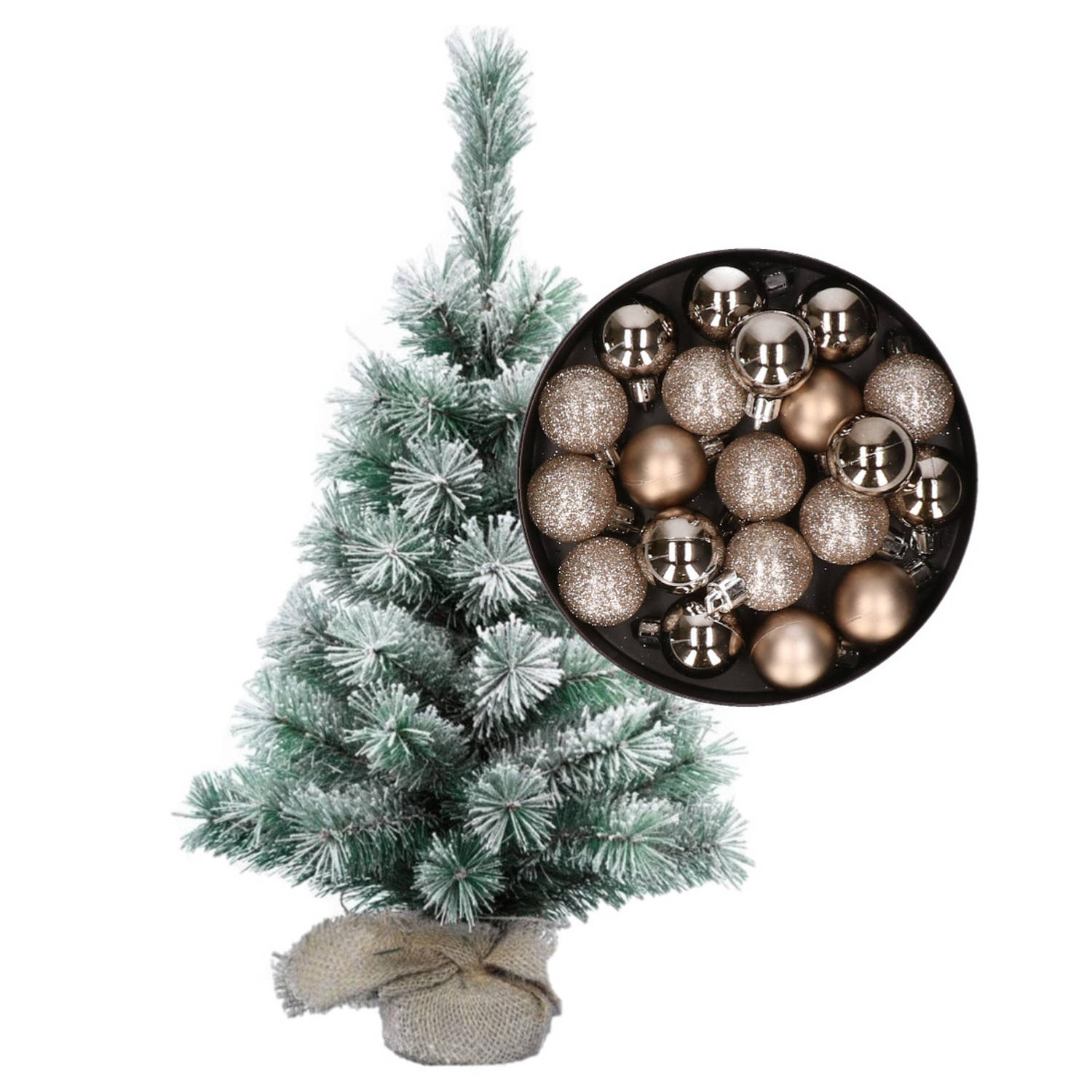 Besneeuwde mini kerstboom-kunst kerstboom 35 cm met kerstballen champagne Kunstkerstboom