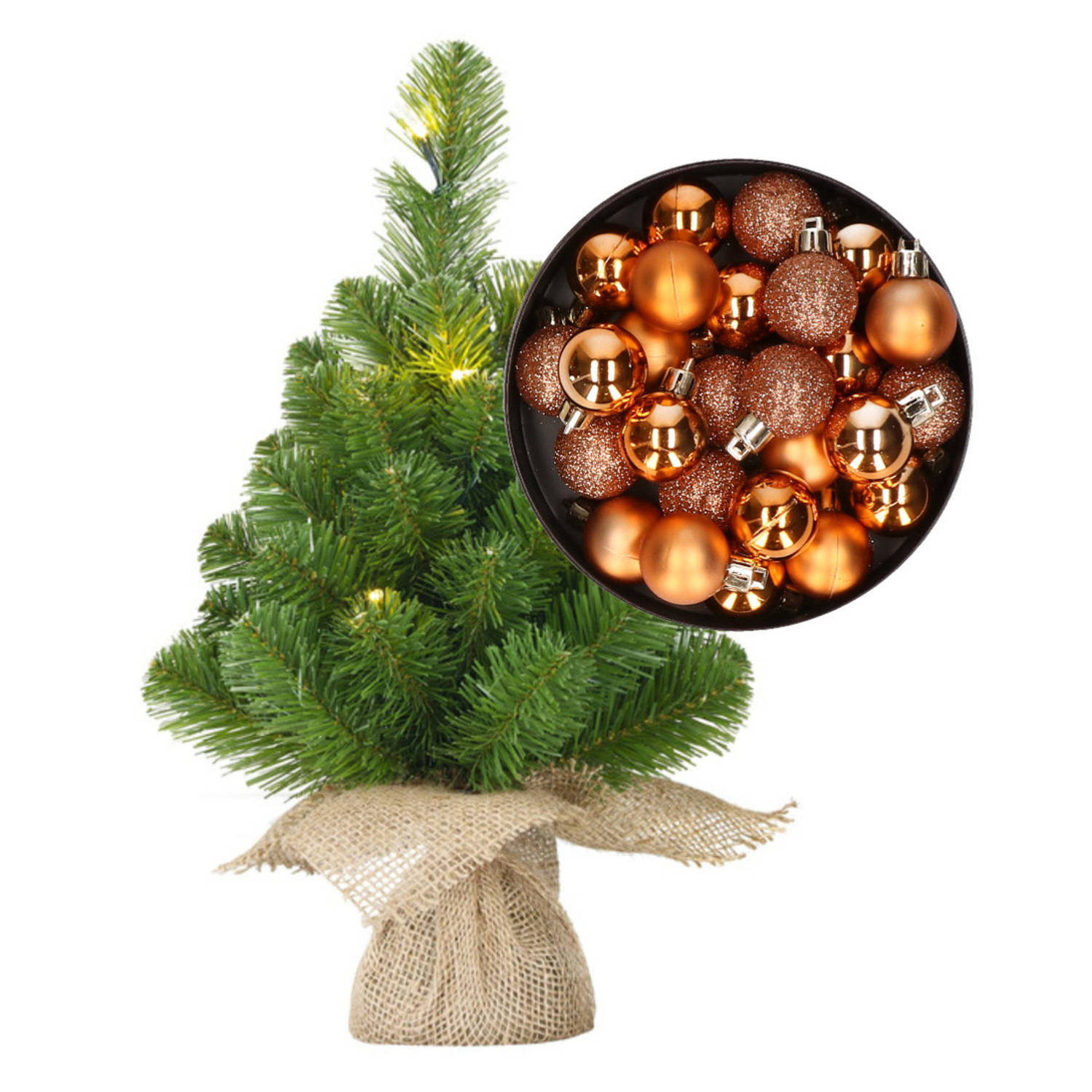 Mini kerstboom-kunstboom met verlichting 45 cm en inclusief kerstballen koper Kunstkerstboom