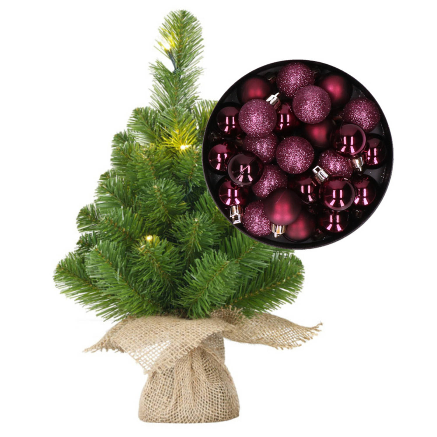 Mini kerstboom-kunstboom met verlichting 45 cm en inclusief kerstballen aubergine paars Kunstkerstbo