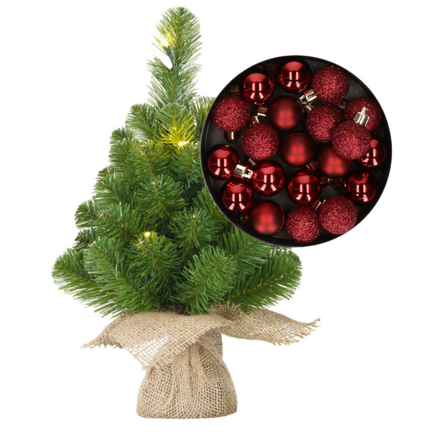 Mini kerstboom/kunstboom met verlichting 45 cm en inclusief kerstballen donkerrood - Kunstkerstboom