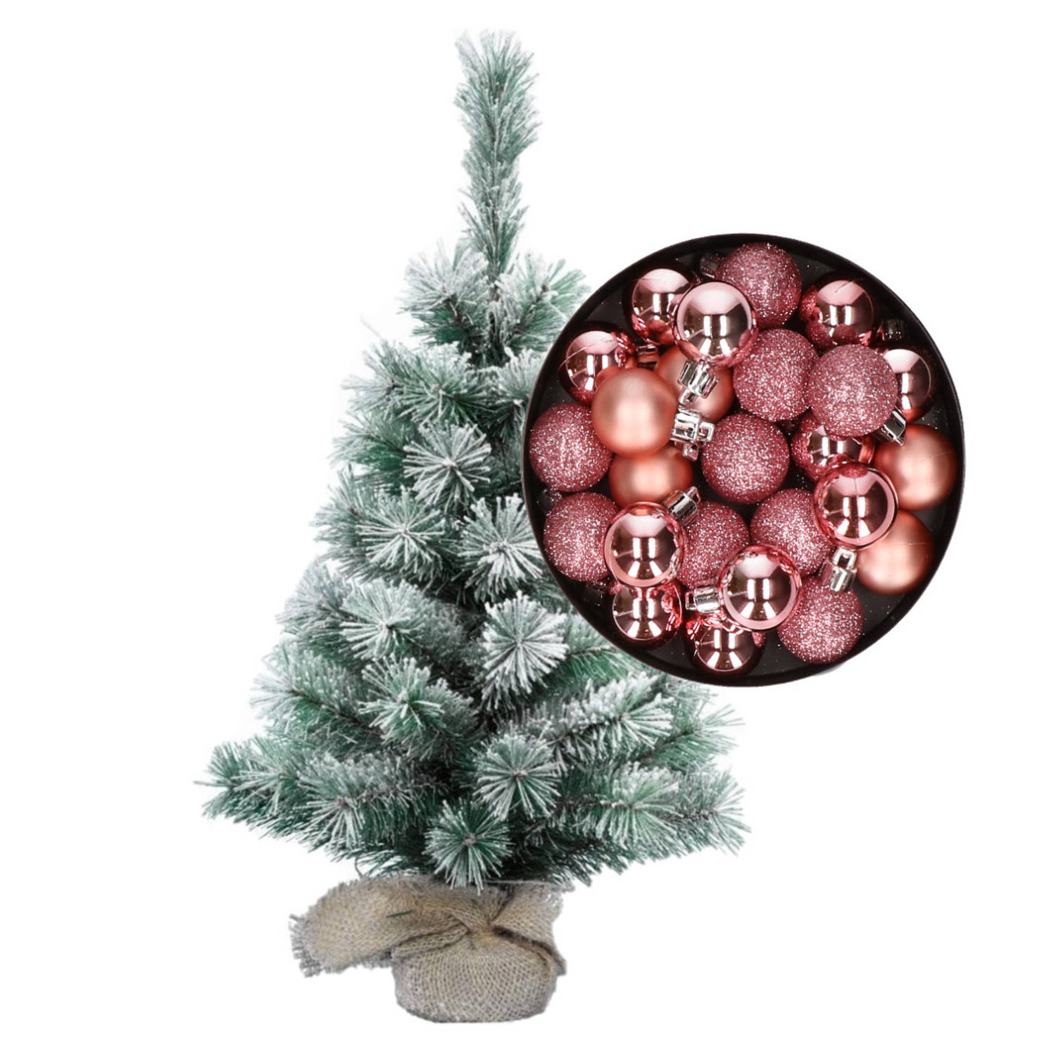 Besneeuwde mini kerstboom-kunst kerstboom 35 cm met kerstballen roze Kunstkerstboom