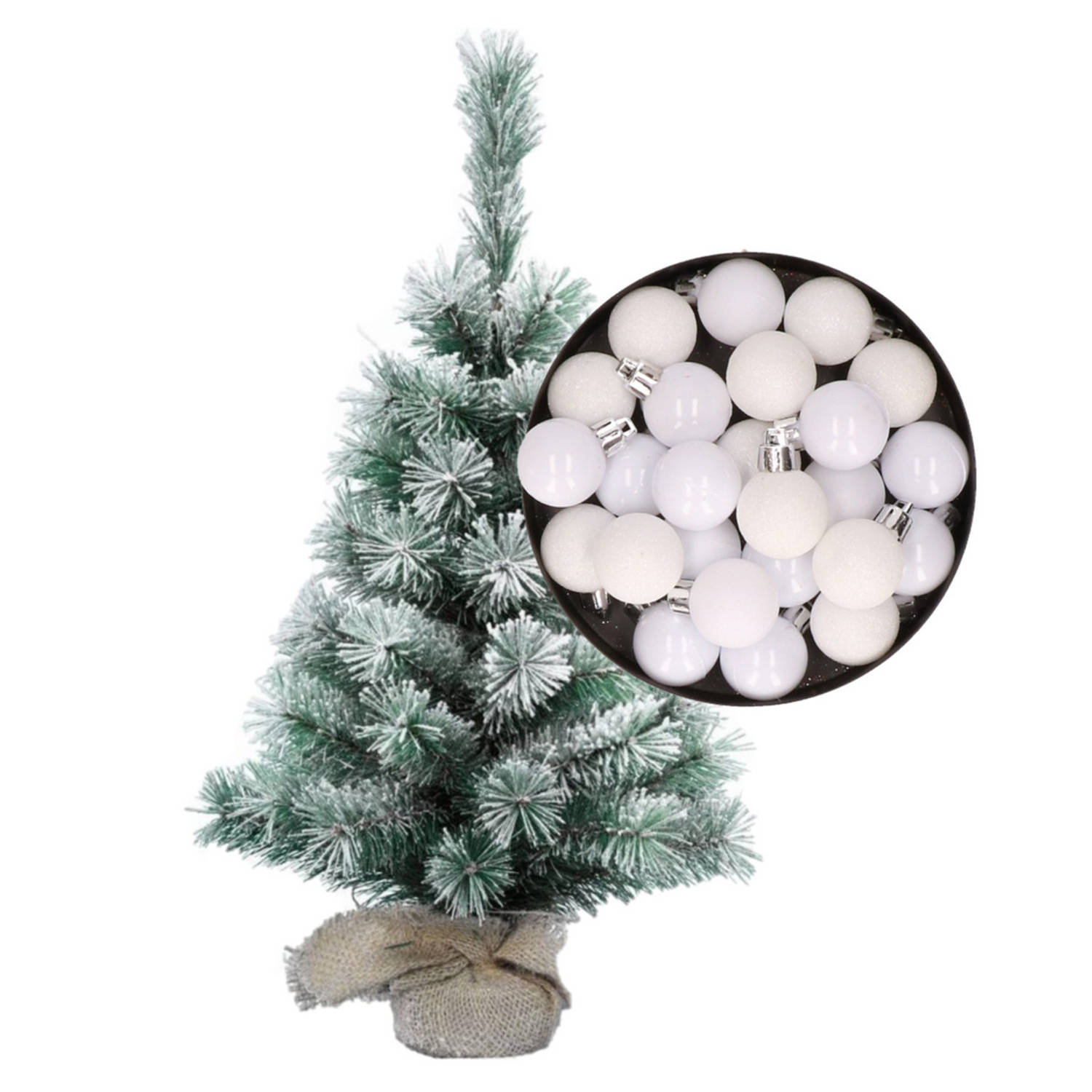 Besneeuwde mini kerstboom-kunst kerstboom 35 cm met kerstballen wit Kunstkerstboom