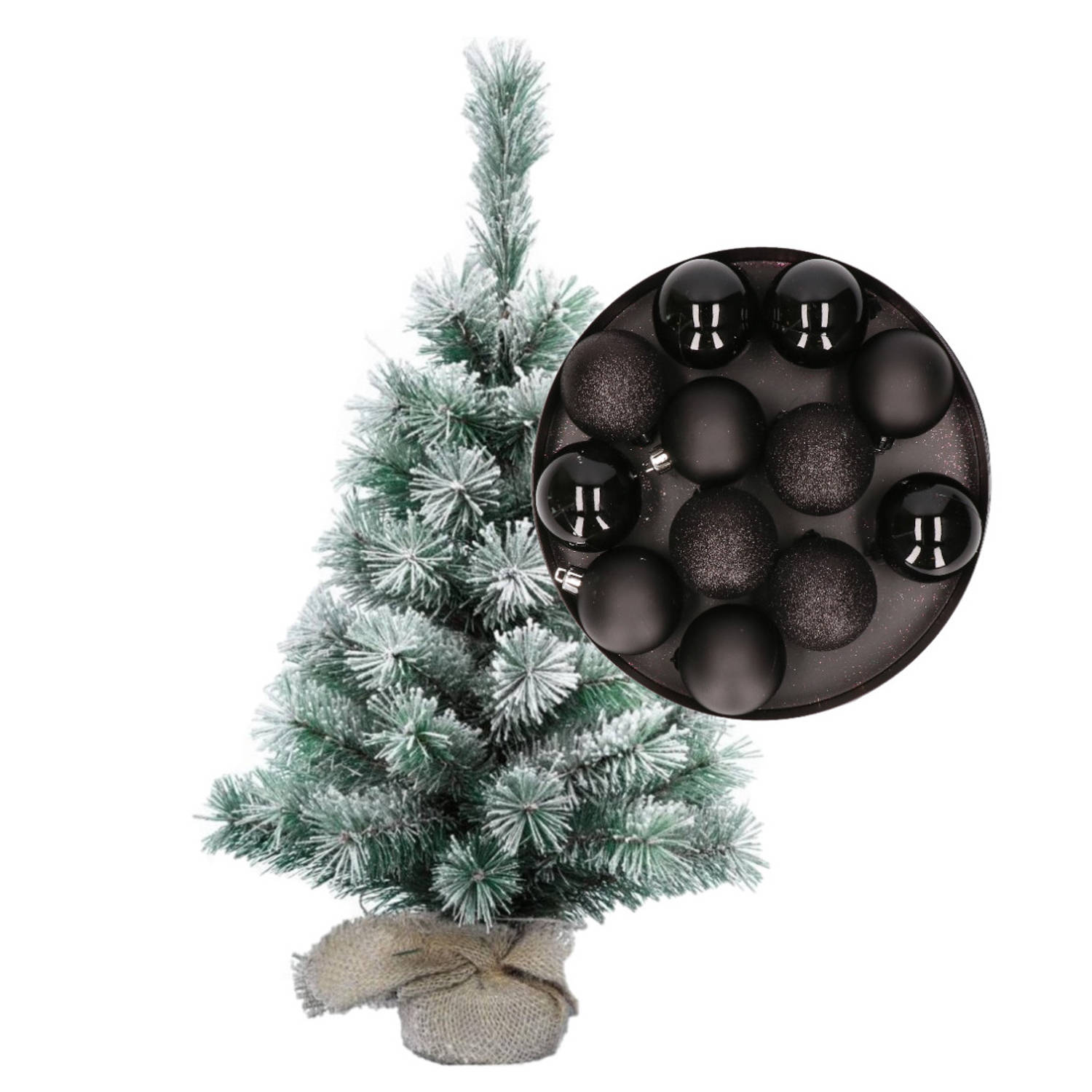 Besneeuwde mini kerstboom-kunst kerstboom 35 cm met kerstballen zwart Kunstkerstboom