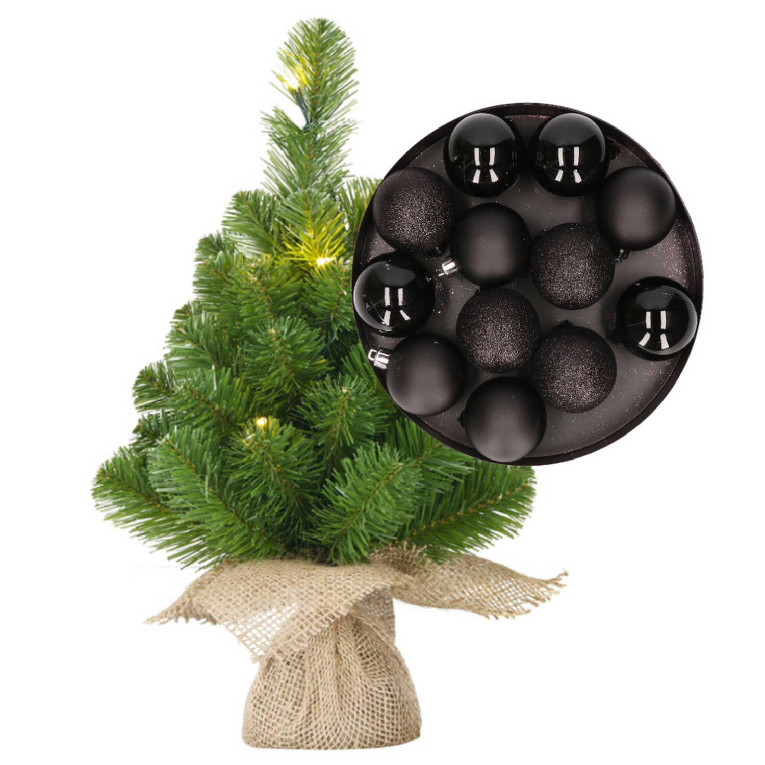 Mini kerstboom-kunstboom met verlichting 45 cm en inclusief kerstballen zwart Kunstkerstboom
