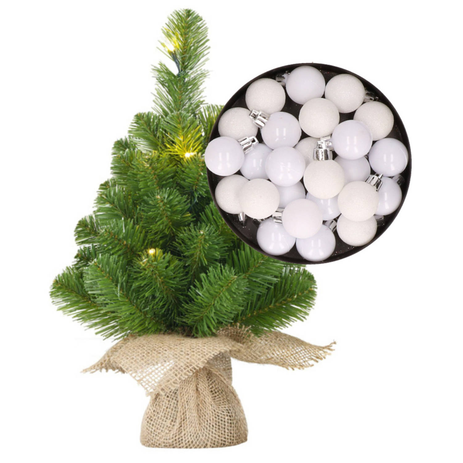 Mini kerstboom-kunstboom met verlichting 45 cm en inclusief kerstballen wit Kunstkerstboom