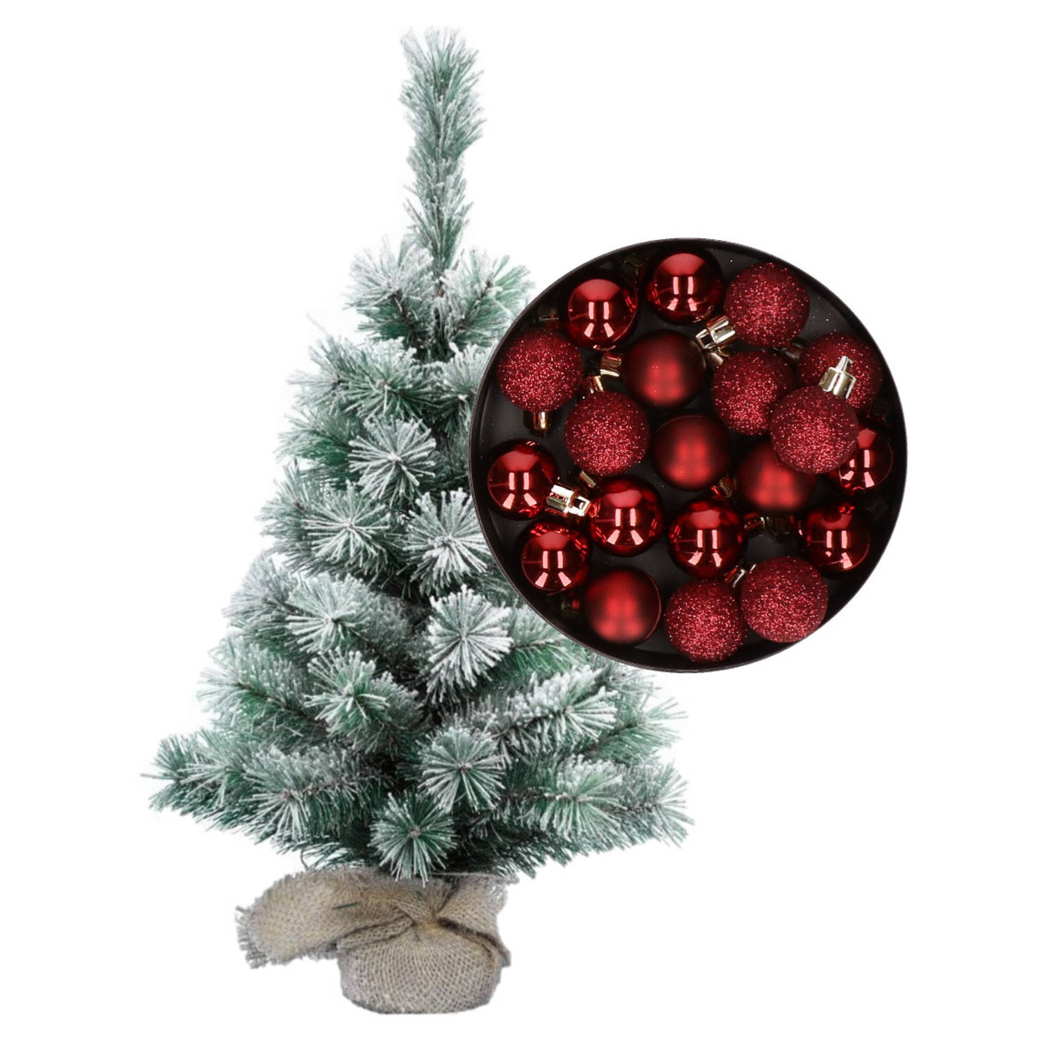 Besneeuwde mini kerstboom-kunst kerstboom 35 cm met kerstballen donkerrood Kunstkerstboom