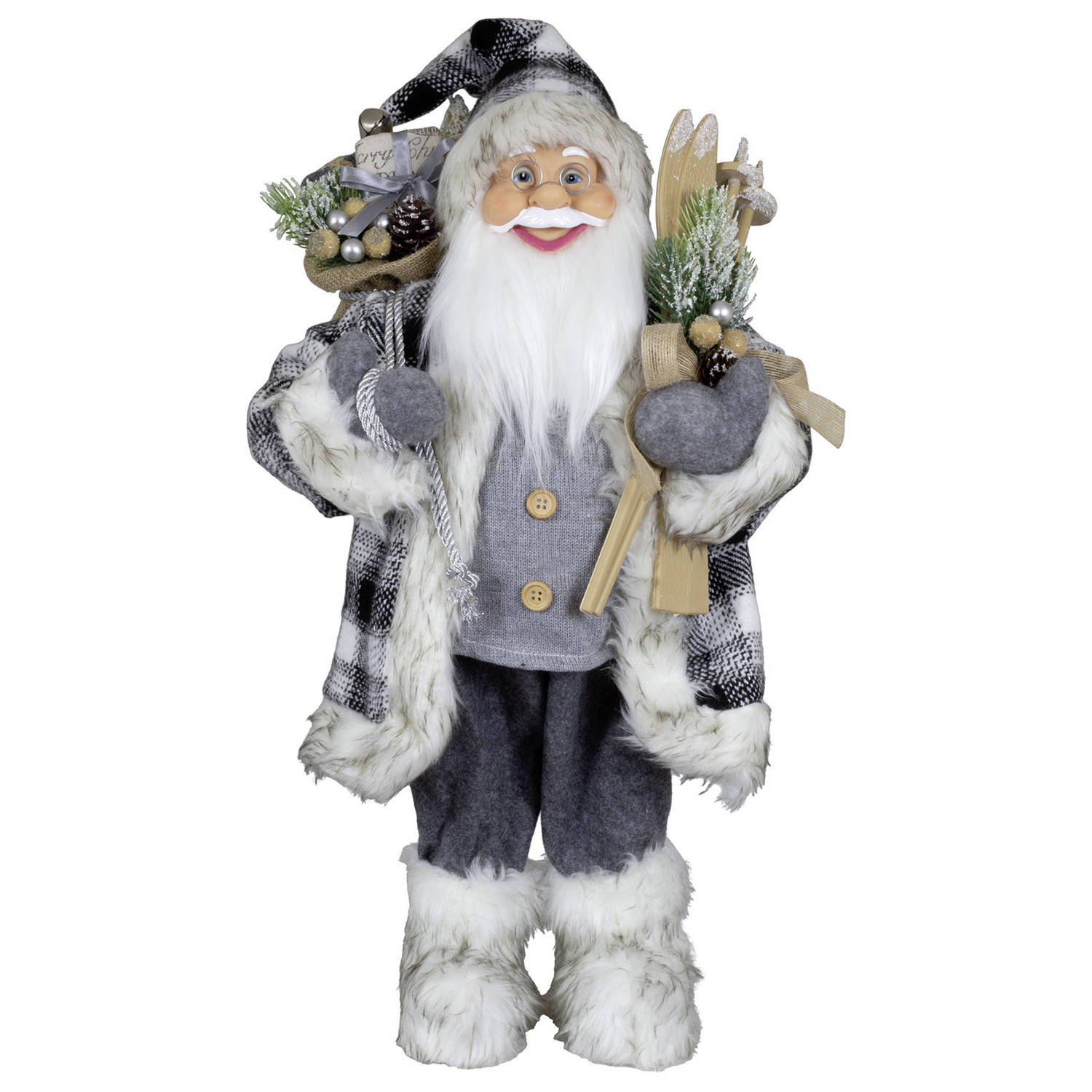 Kerstman decoratie pop - Tinus - H60 cm - grijs - staand - kerst beeld - kerst figuur